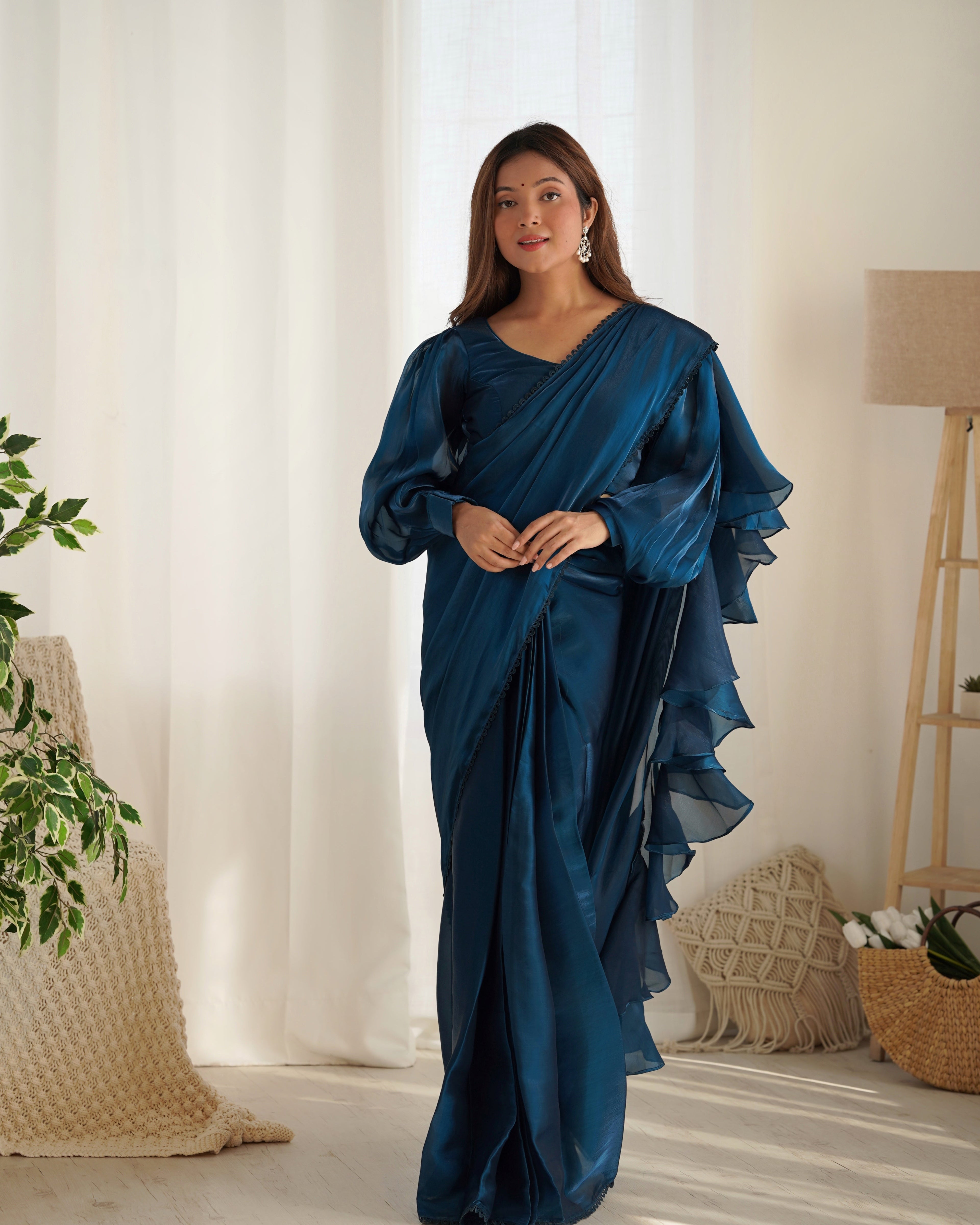 Lorenvalley Ready to wear Jimmy Choo Organza Fabric Border Lace Work Predrapped Saree