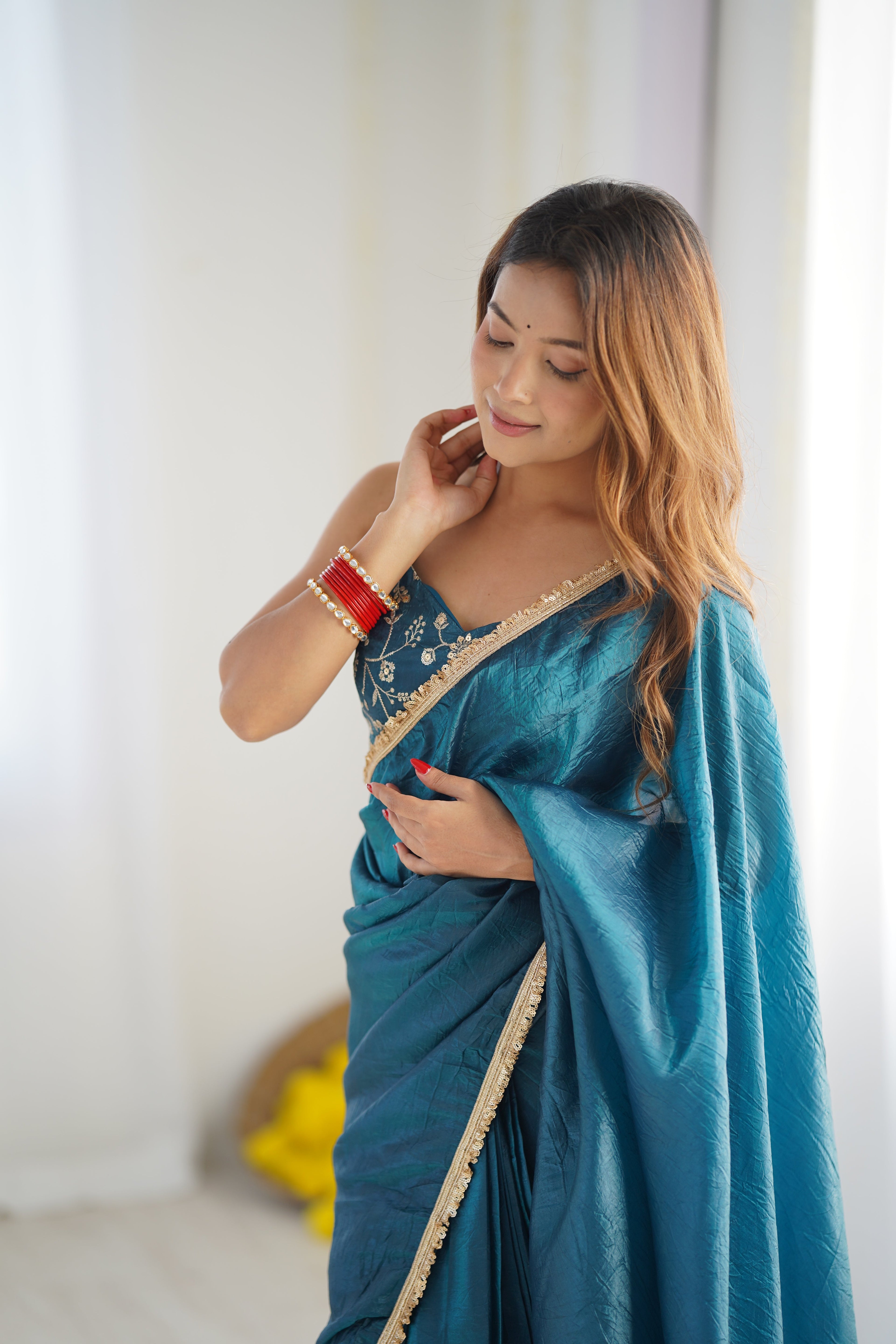 Lorenvalley Ready to wear Crush Tissue Silk Fabric Fancy Border Premium Lace Work Predrapped Saree