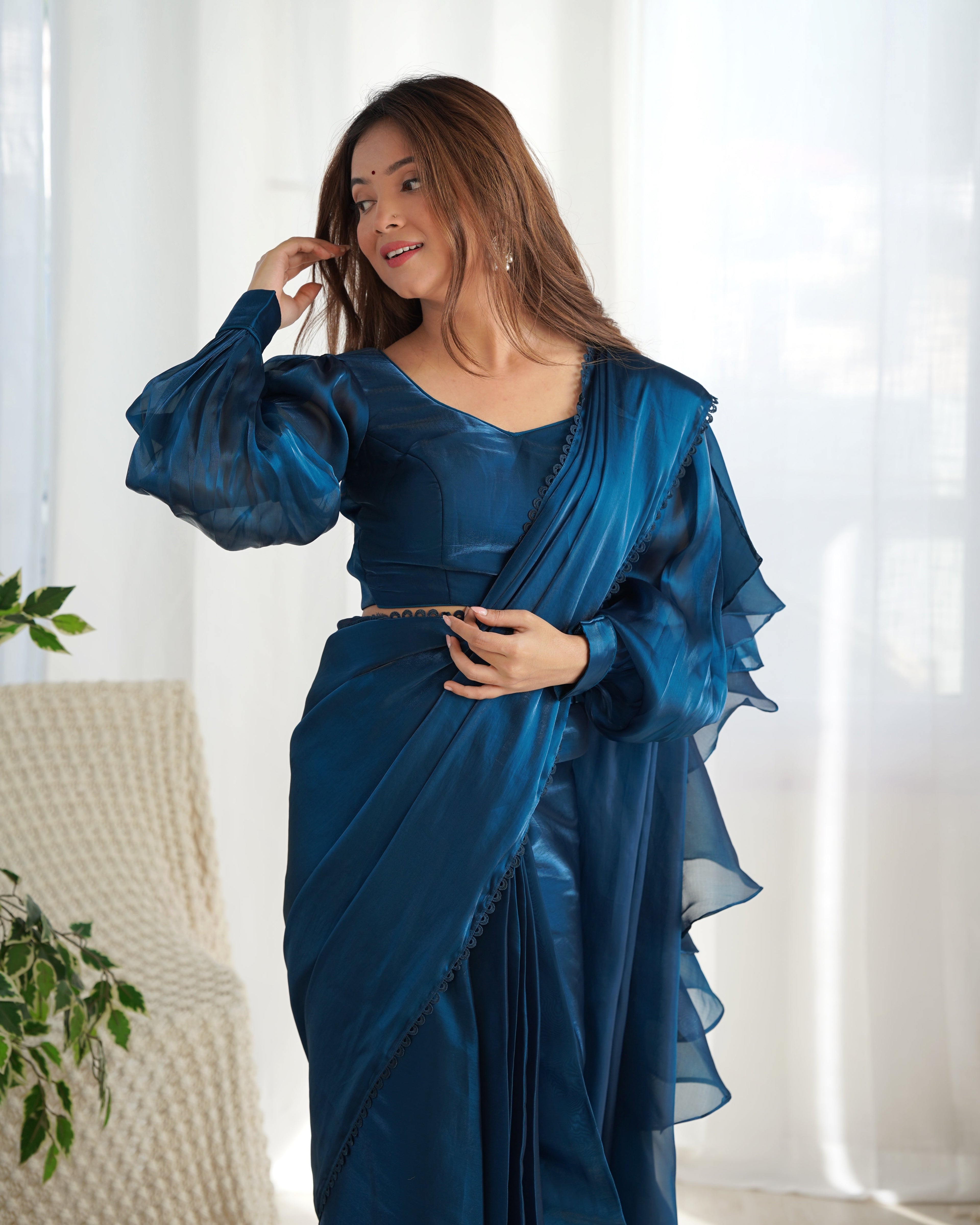 Lorenvalley Ready to wear Jimmy Choo Organza Fabric Border Lace Work Predrapped Saree