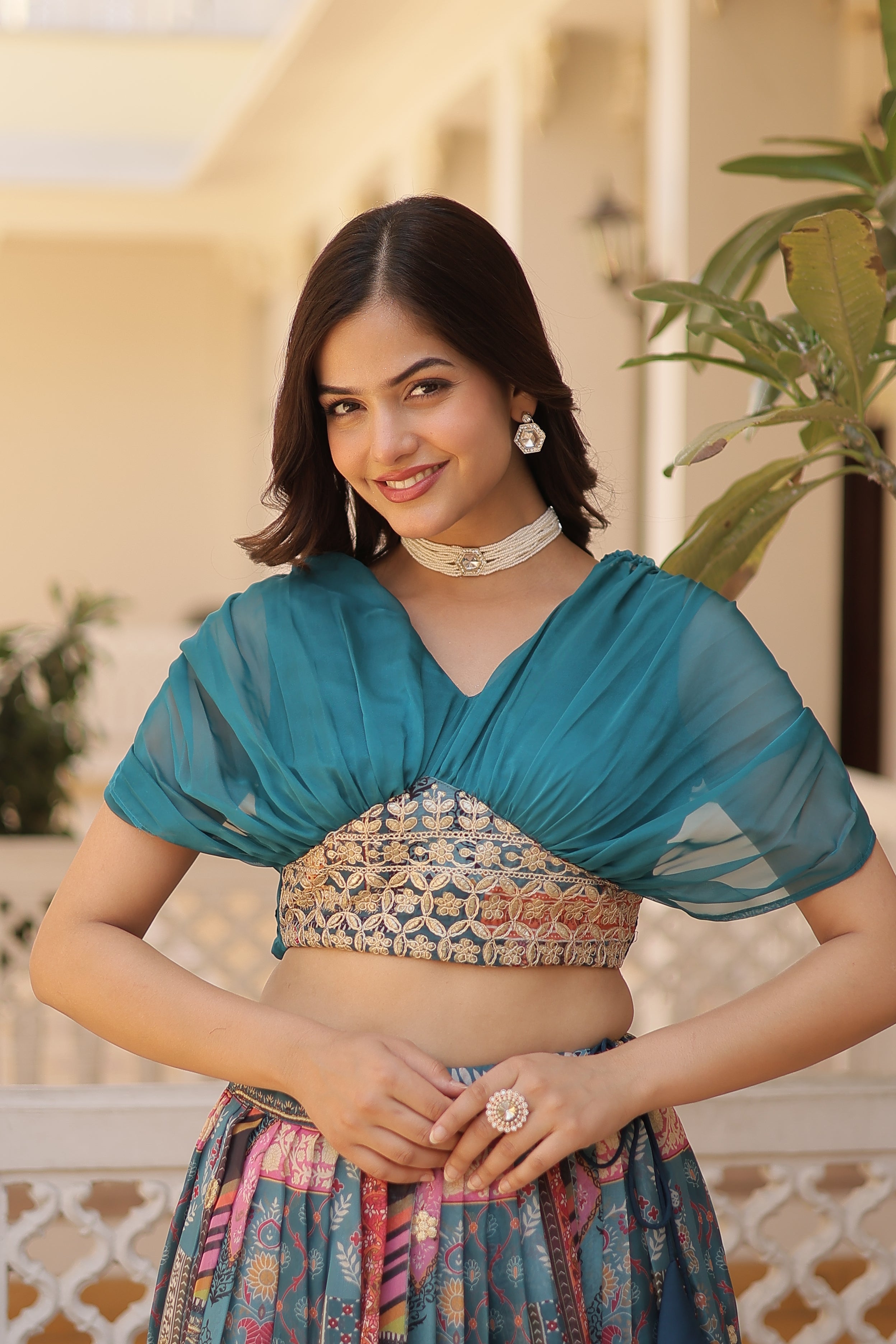 Lorenvalley Rama Russian Silk Rich Digital Printed With Foil Embroidery work Lehenga Choli