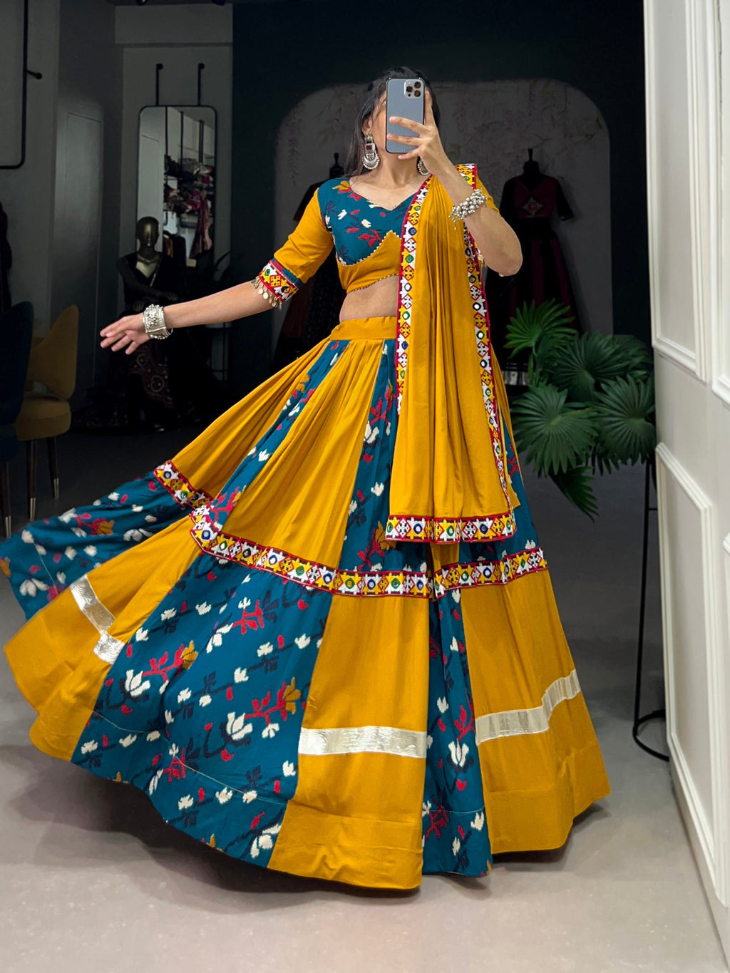 Lorenvalley Yellow and Rama Rayon with Printed Silk Original Mirror Gamthi Work and Embossed Design Gota Lehenga Choli with Dupatta