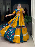 Lorenvalley Yellow and Rama Rayon with Printed Silk Original Mirror Gamthi Work and Embossed Design Gota Lehenga Choli with Dupatta