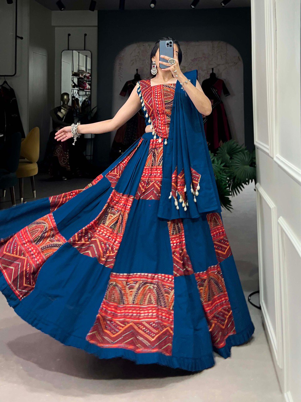Lorenvalley Pure Cotton Rama Plain And Printed With Foil Work Lehenga Choli with Dupatta