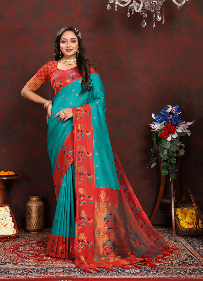 Lorenvalley Fashion Rama Soft Paithani Silk Woven Design Rich Zari Meenakari Weaving Saree