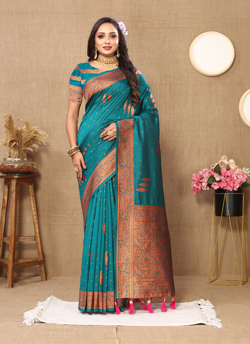 Lorenvalley Fashion Rama Soft Silk Copper Zari weaving Design Saree