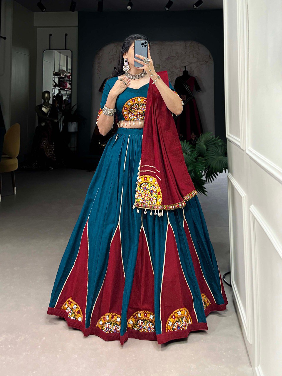 Lorenvalley Rama Pure Cotton Plain And Gamthi Patch Work With Gota Patti Lehenga Choli with Dupatta