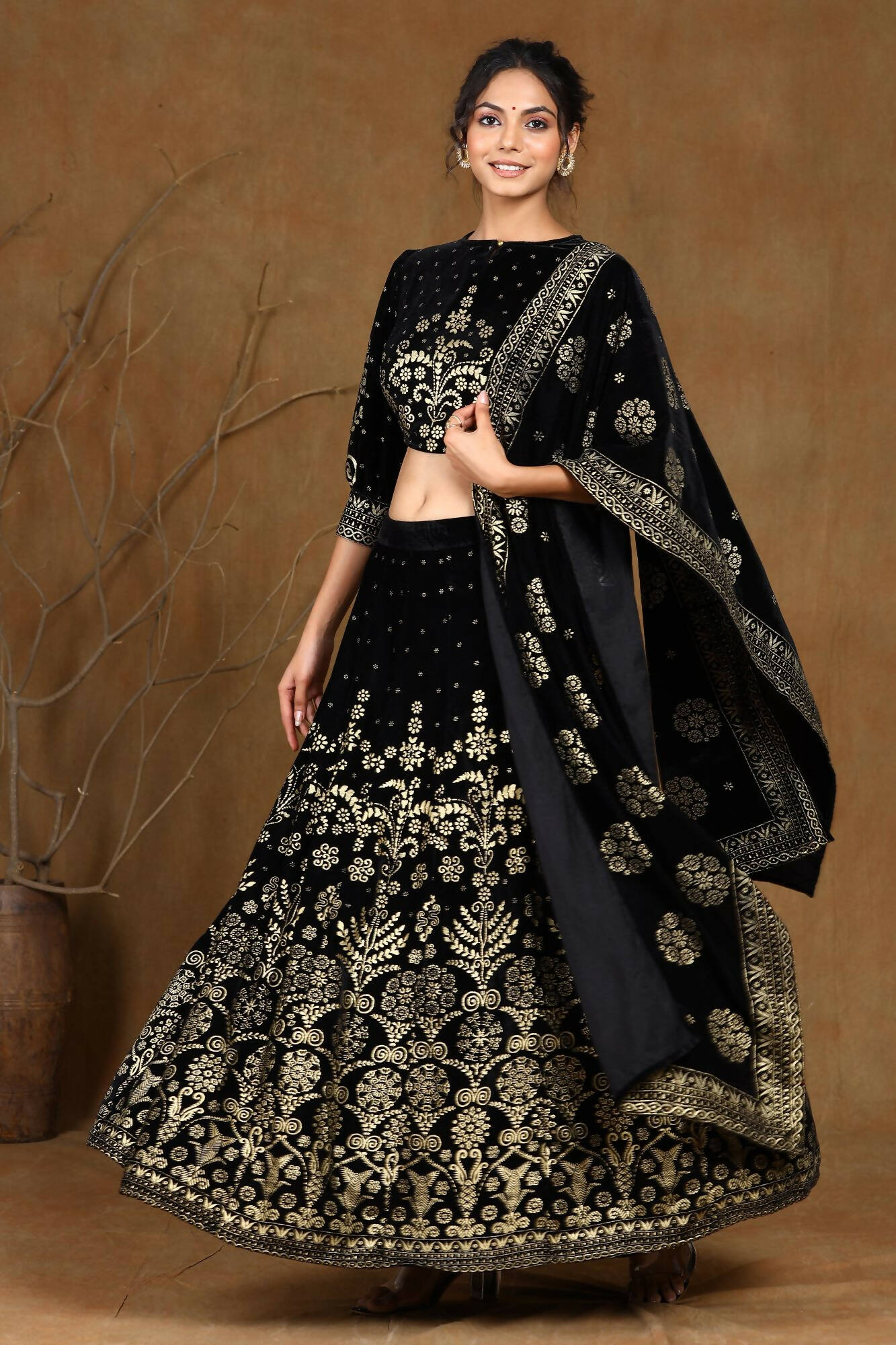 Juniper Women Black Velvet Printed Flared Lehenga Choli Sets