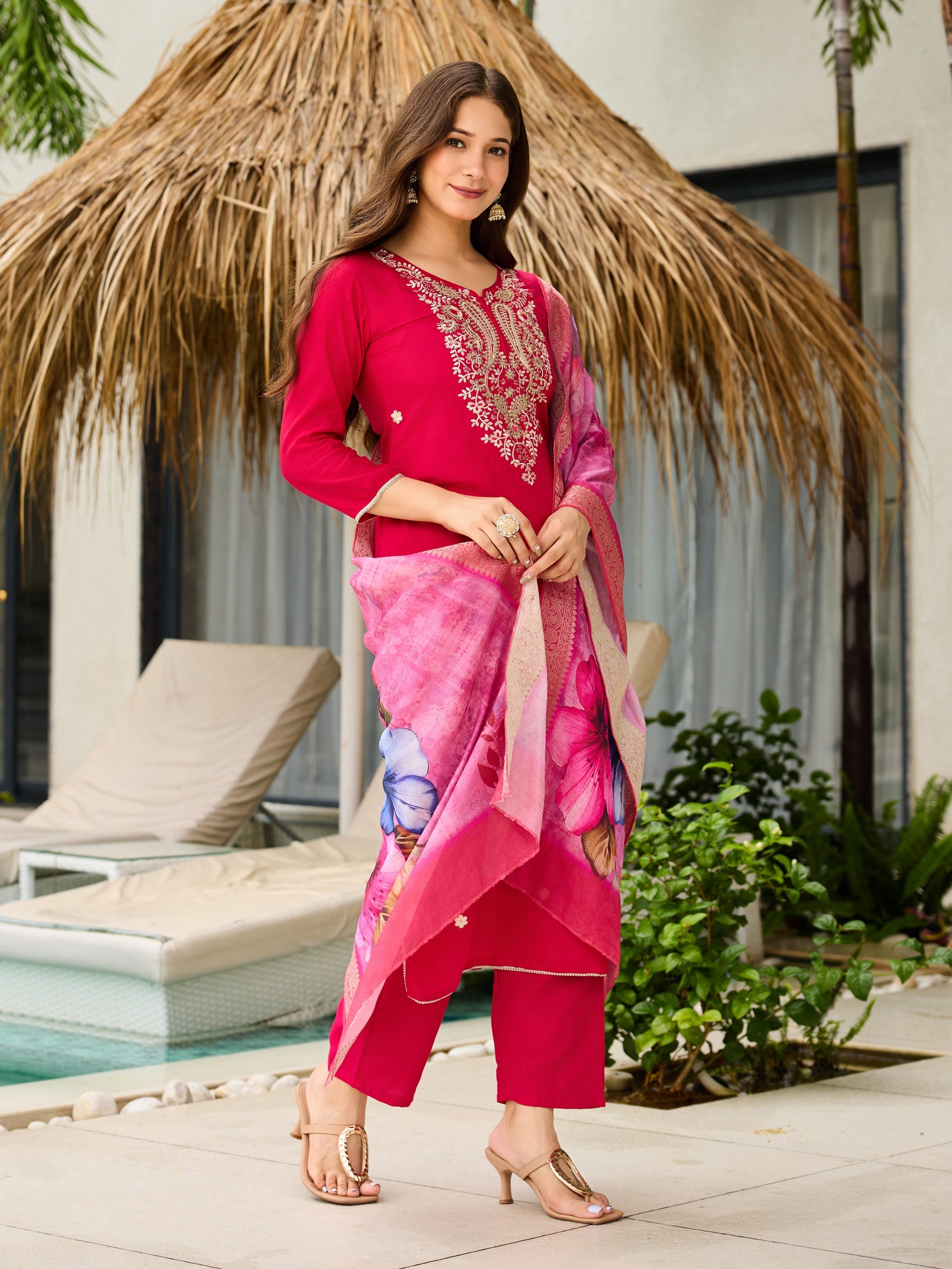 The52 Women's Gorgeous Viscose Embroidery work Straight Kurta with Pant and Dupatta Set