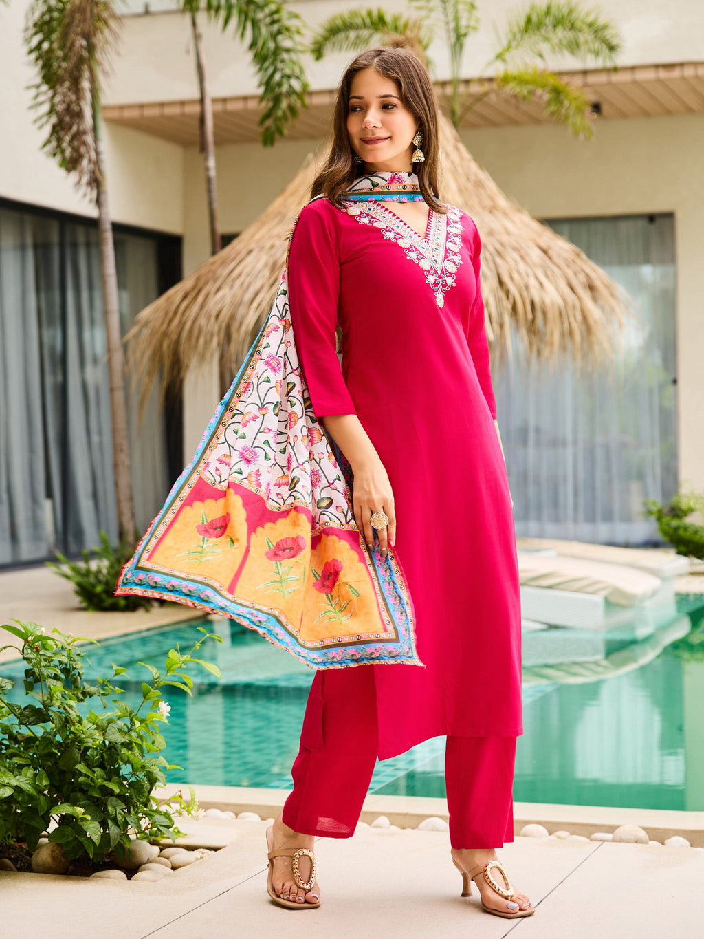 The52 Thread Work Rayon Fabric Straight Kurta, Pant and Dupatta Set
