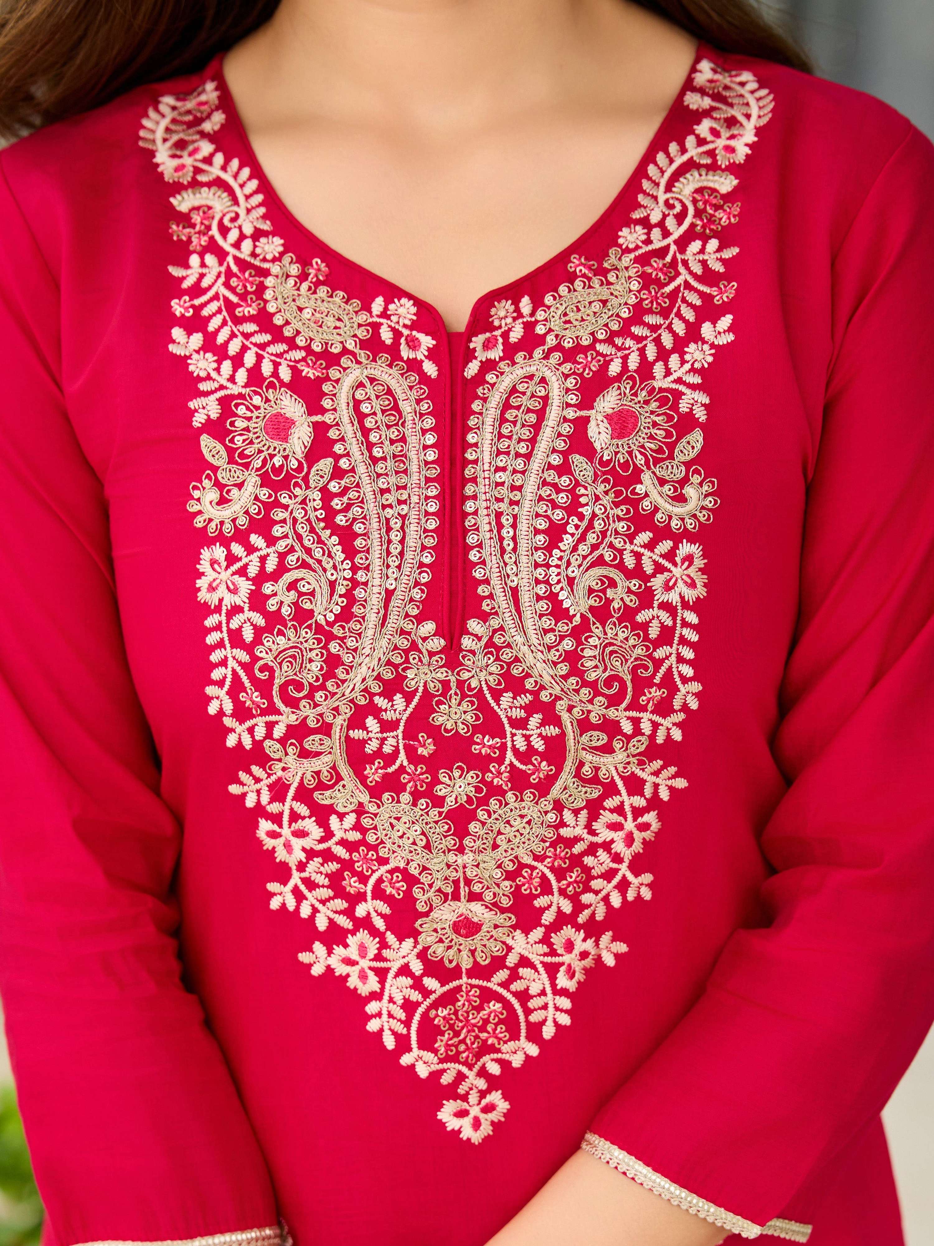 The52 Women's Gorgeous Viscose Embroidery work Straight Kurta with Pant and Dupatta Set