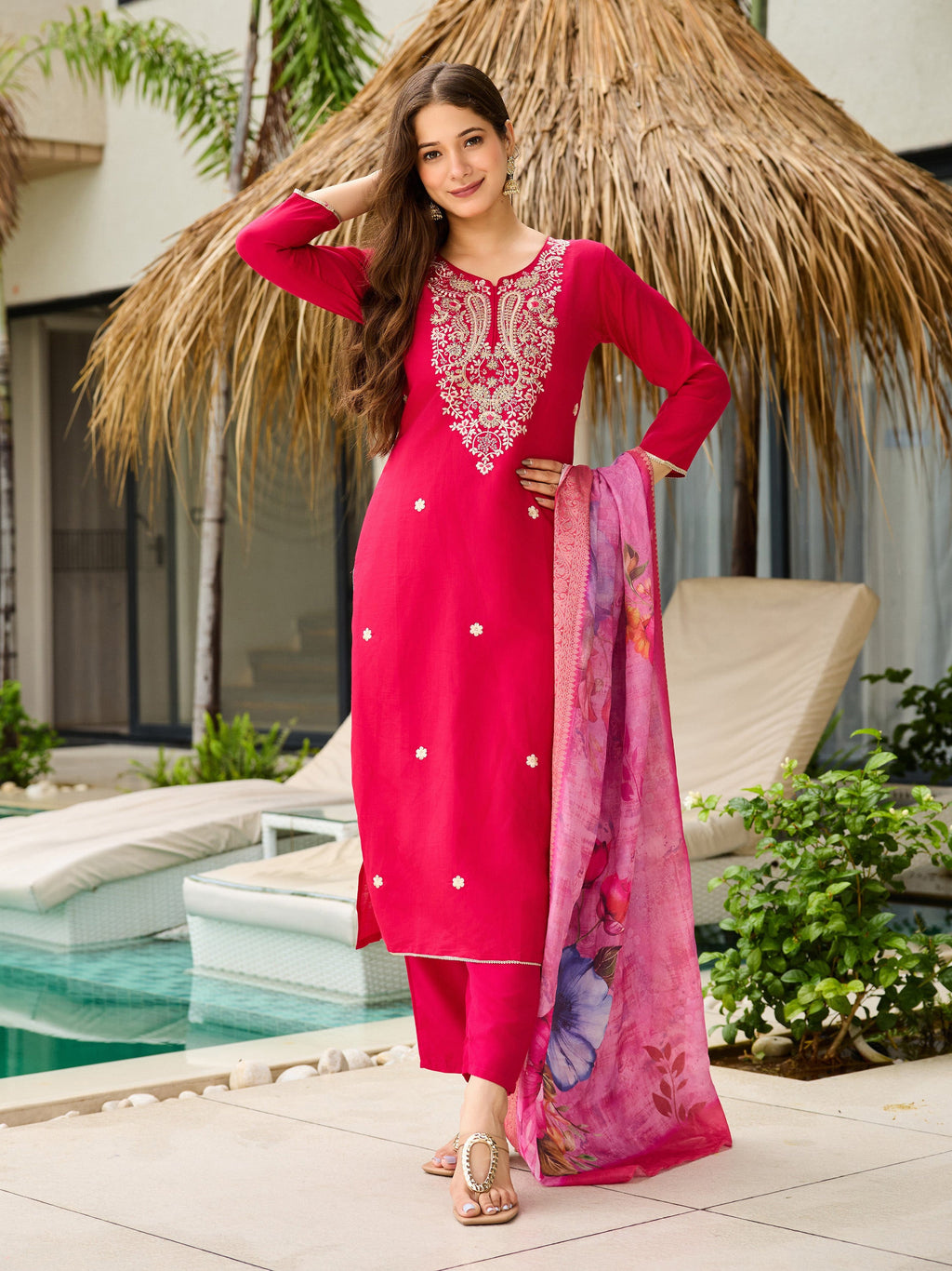 The52 Women's Gorgeous Viscose Embroidery work Straight Kurta with Pant and Dupatta Set