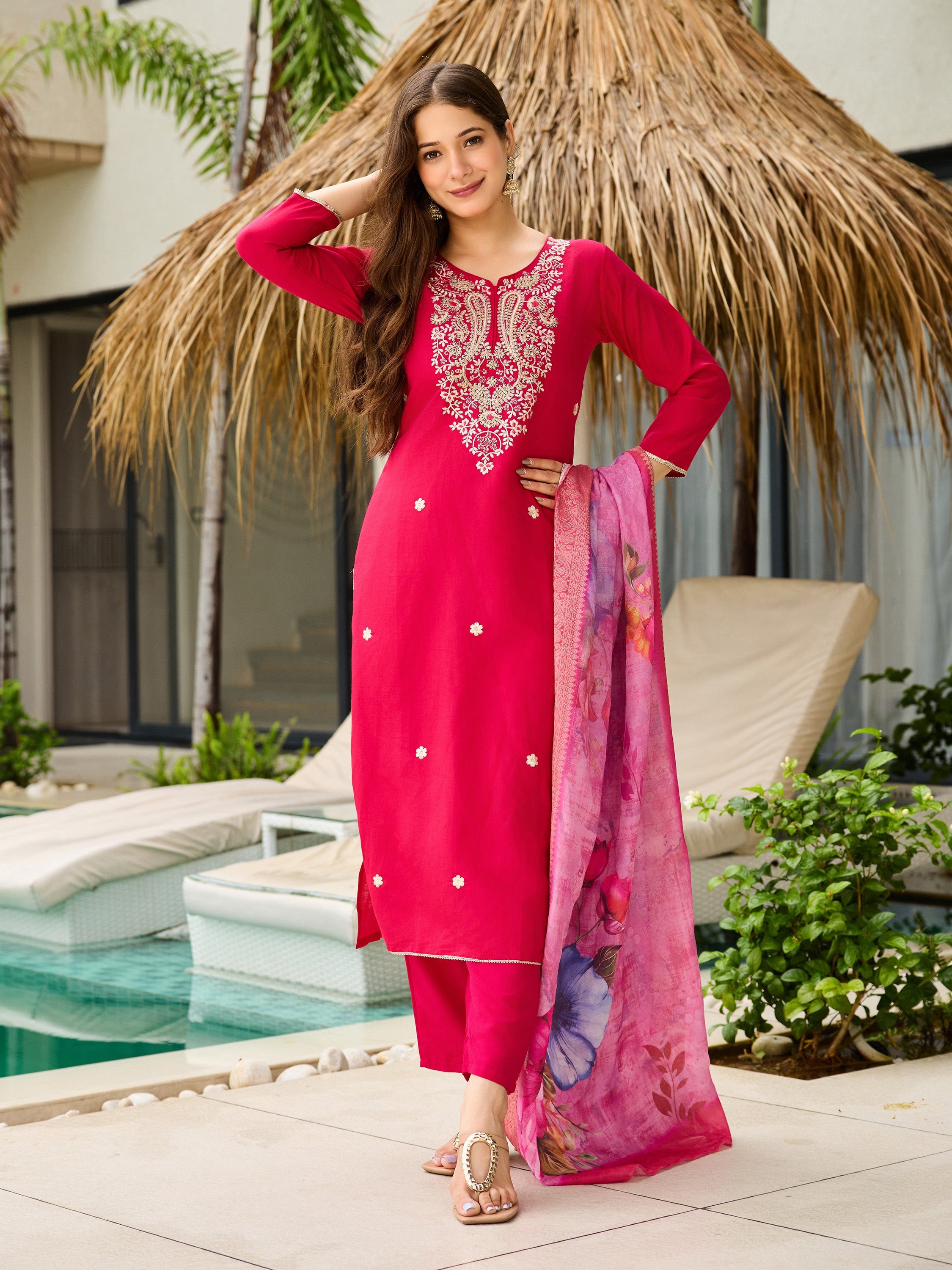 The52 Women's Gorgeous Viscose Embroidery work Straight Kurta with Pant and Dupatta Set