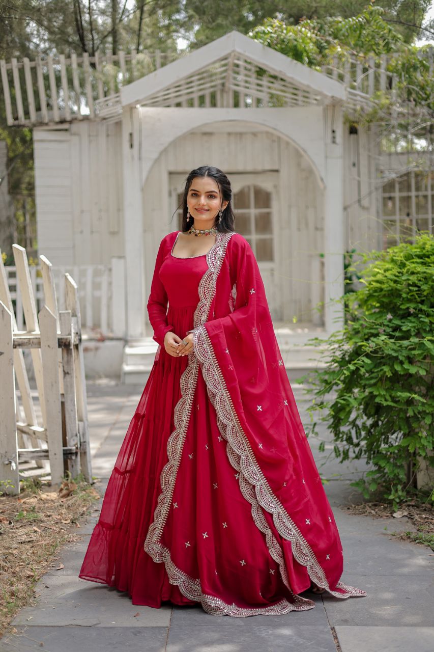 Evanik Rani Pink Faux Blooming Gown With Dupatta With Rich Sequins Embroidered work