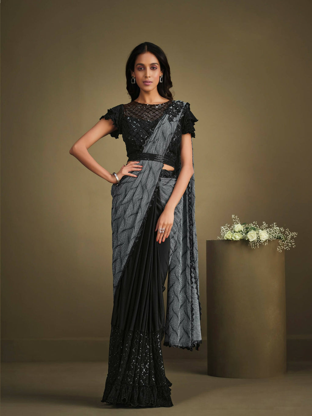 Grey & Black Crystal Crepe Sequence Embroidered Withtexture Saree With Stitched Blouse - Mohmanthan La Belle
