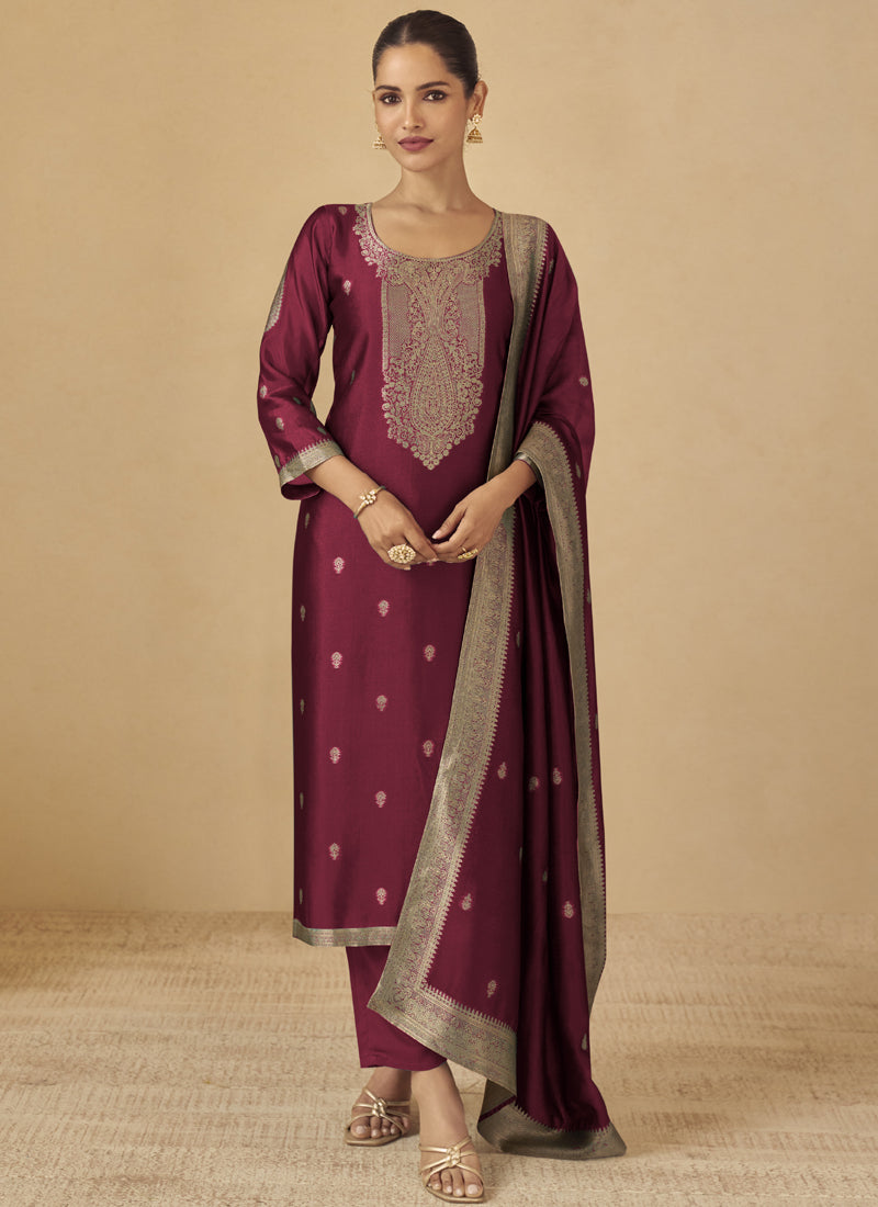 Vegaa Fashion Maroon Viscose Silk Jacquard Wedding Wear Salwar Suit