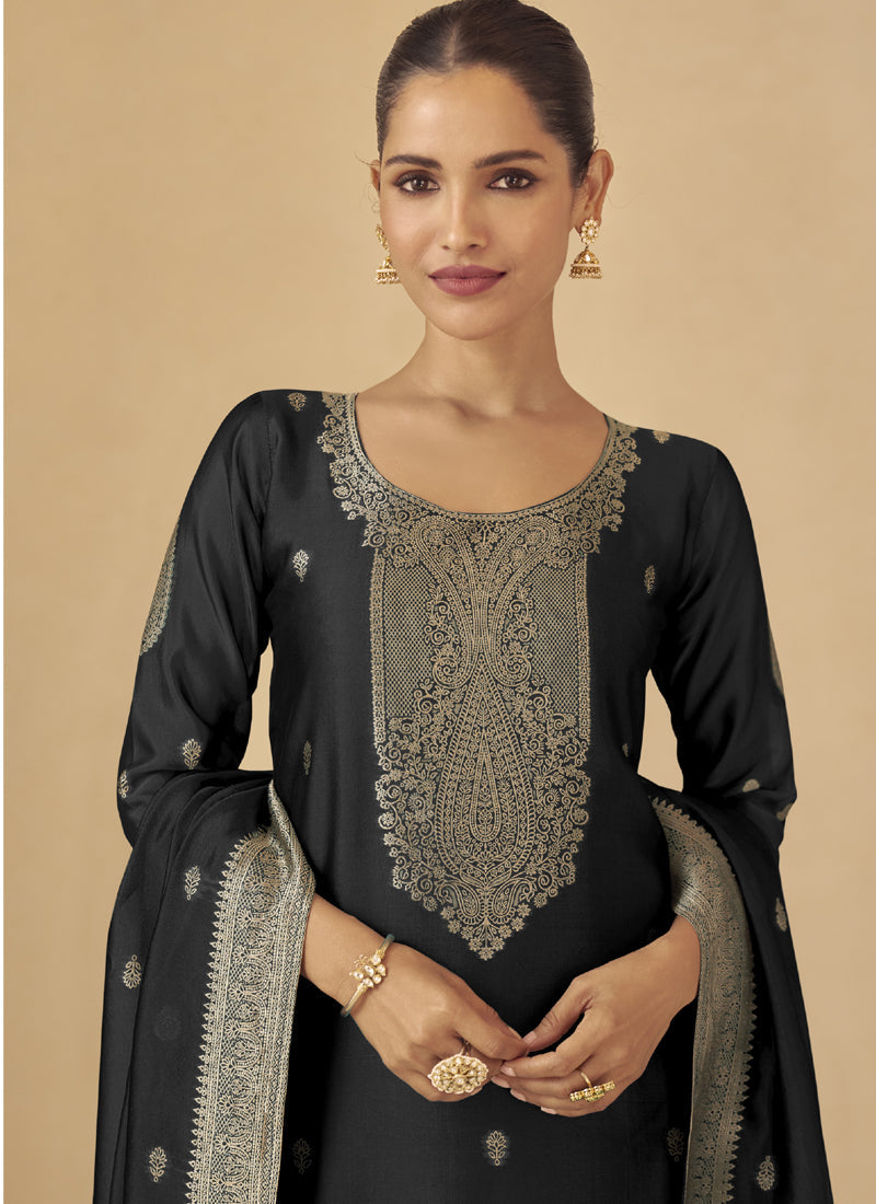 Vegaa Fashion Black Viscose Silk Jacquard Wedding Wear Salwar Suit