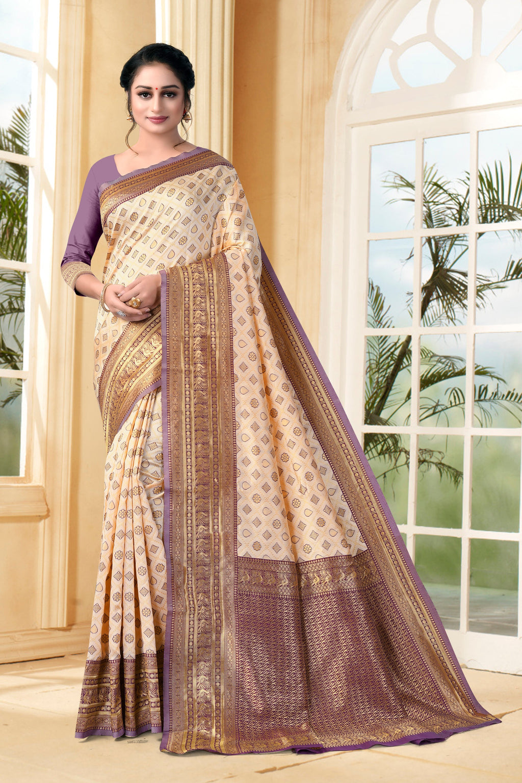 Vedant Vastram Litchi Silk Designer Banarasi Saree - Cream