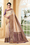 Vedant Vastram Litchi Silk Designer Banarasi Saree - Cream