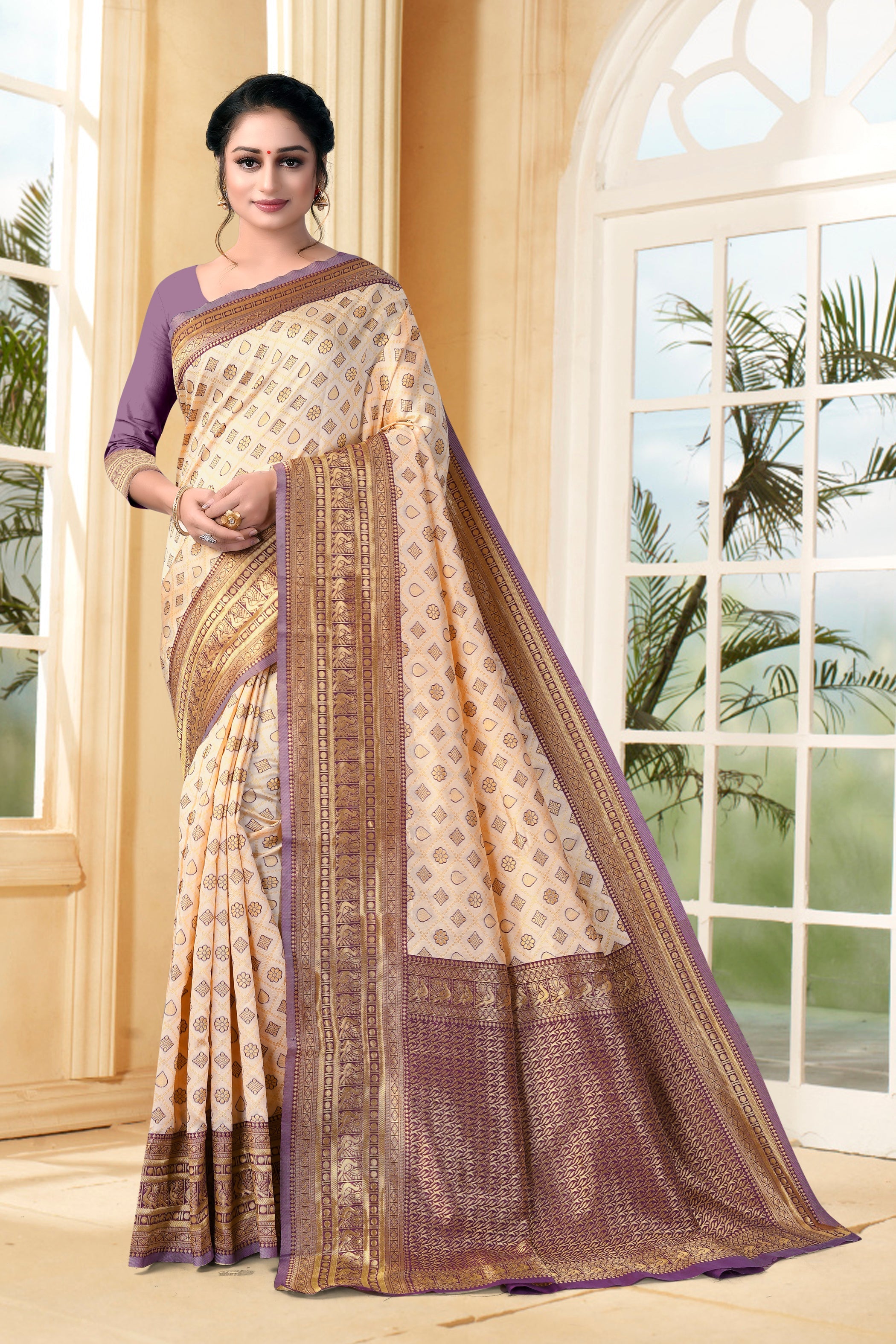 Vedant Vastram Litchi Silk Designer Banarasi Saree - Cream