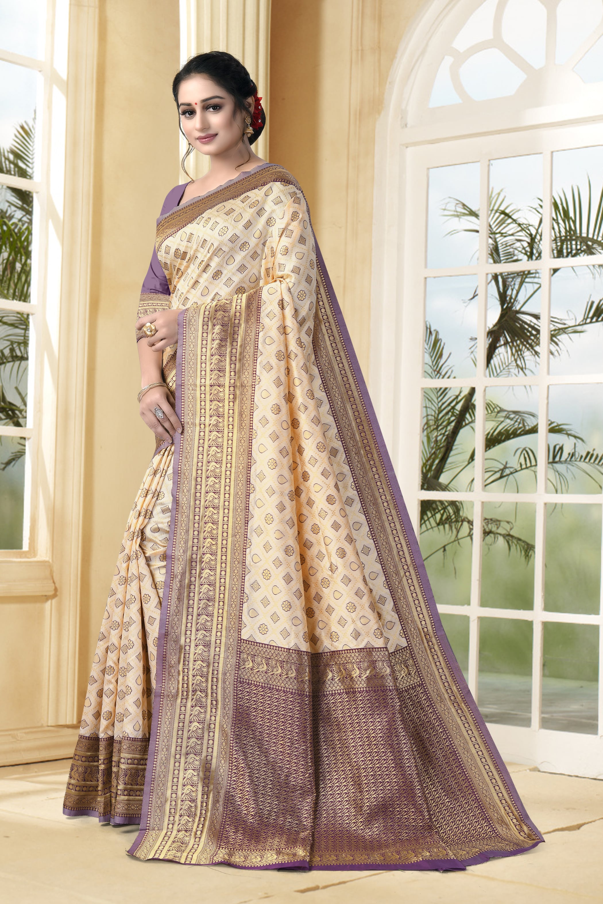 Vedant Vastram Litchi Silk Designer Banarasi Saree - Cream