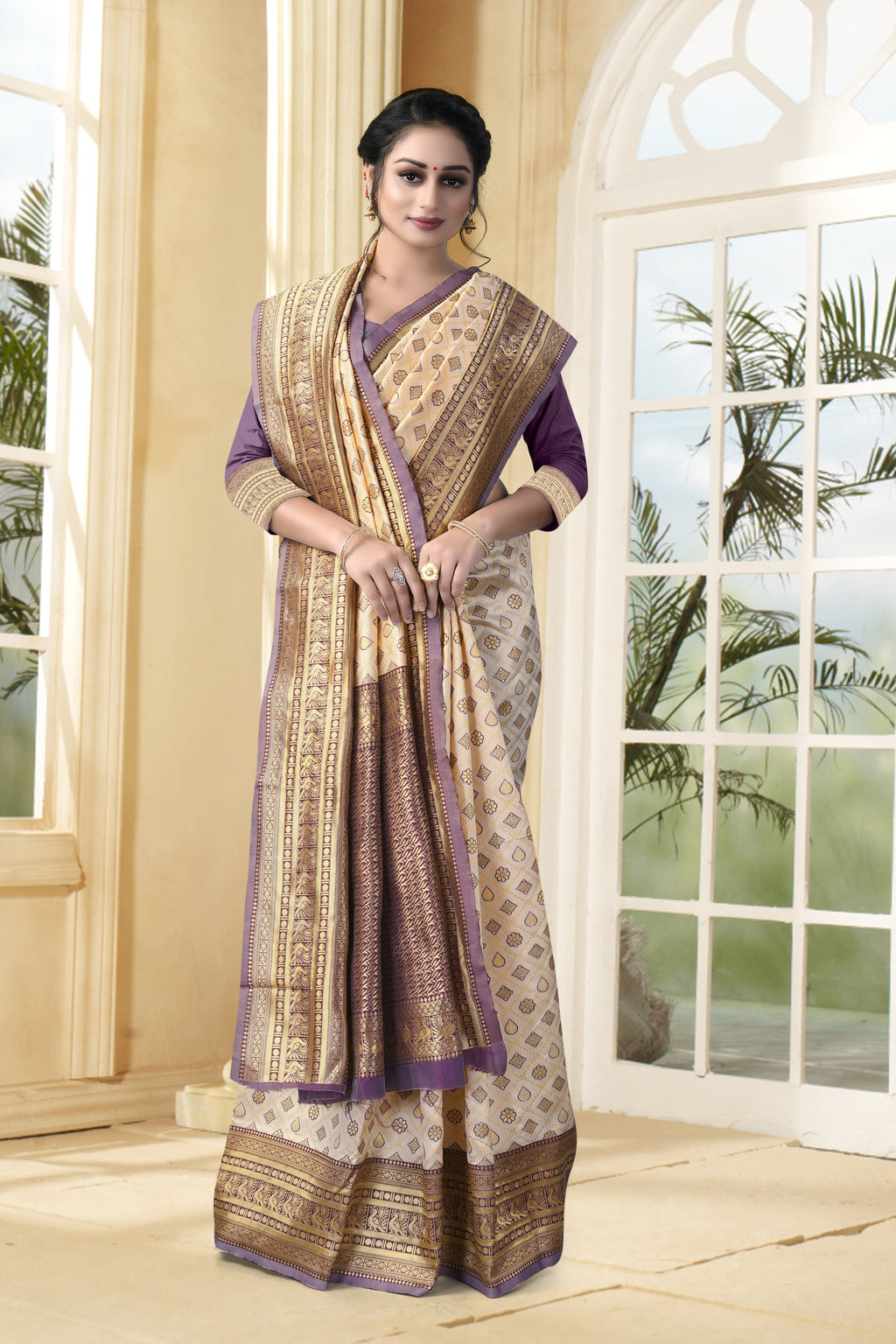 Vedant Vastram Litchi Silk Designer Banarasi Saree - Cream