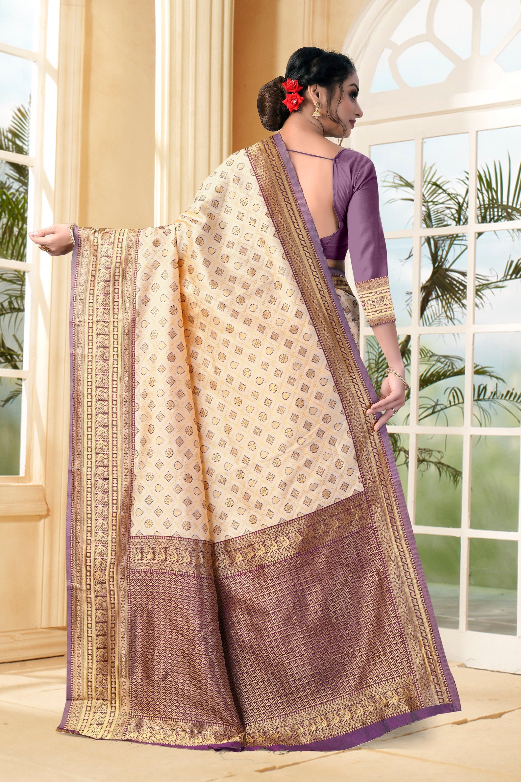 Vedant Vastram Litchi Silk Designer Banarasi Saree - Cream