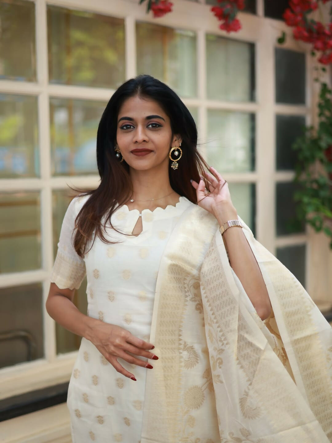The52 White Women's Beautiful Viscose Jacquard Fabric Printed Work Straight Kurta Pant and Dupatta Set
