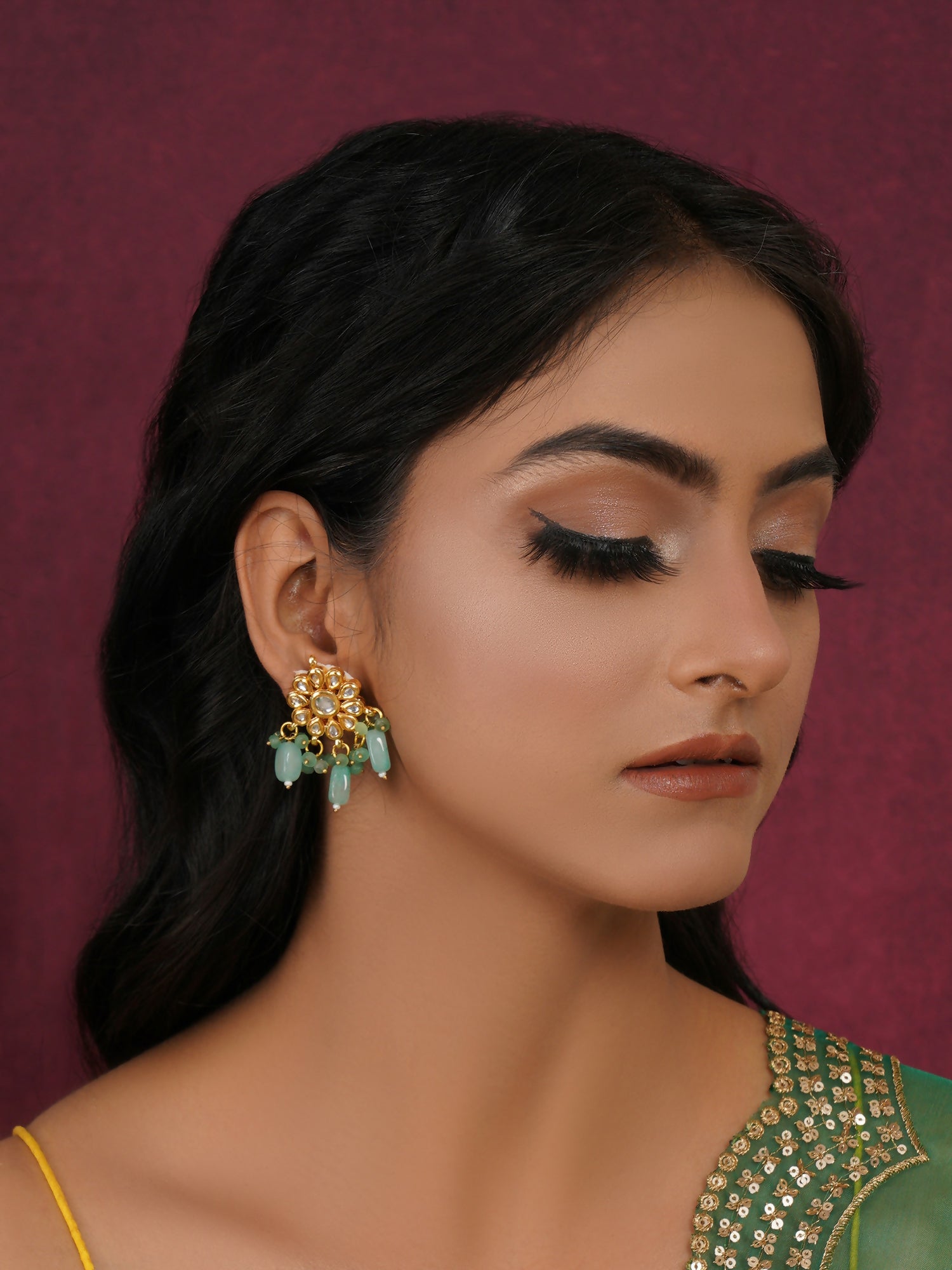 Mint Stone Kundan Earrings (Gold) - Ruby Raang