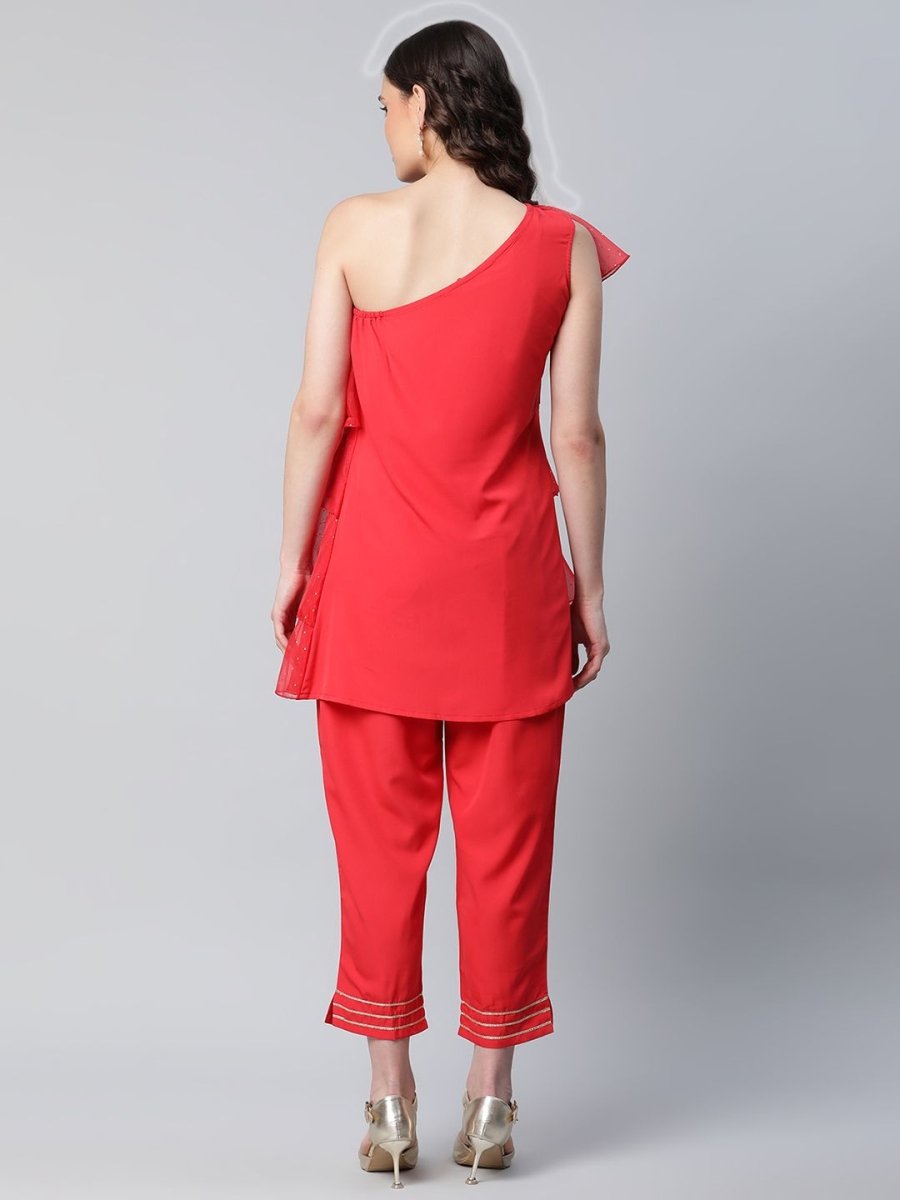 Ahalyaa Women Red Printed Layered Top with Trousers