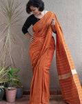 Exclusive Collection Khadi Cotton Handloom Khesh Saree With Blouse Piece - Orange