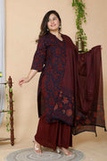 Miravan Women's Maroon Plus Size Floral Pure Cotton Kurta With Sharara And Dupatta Set