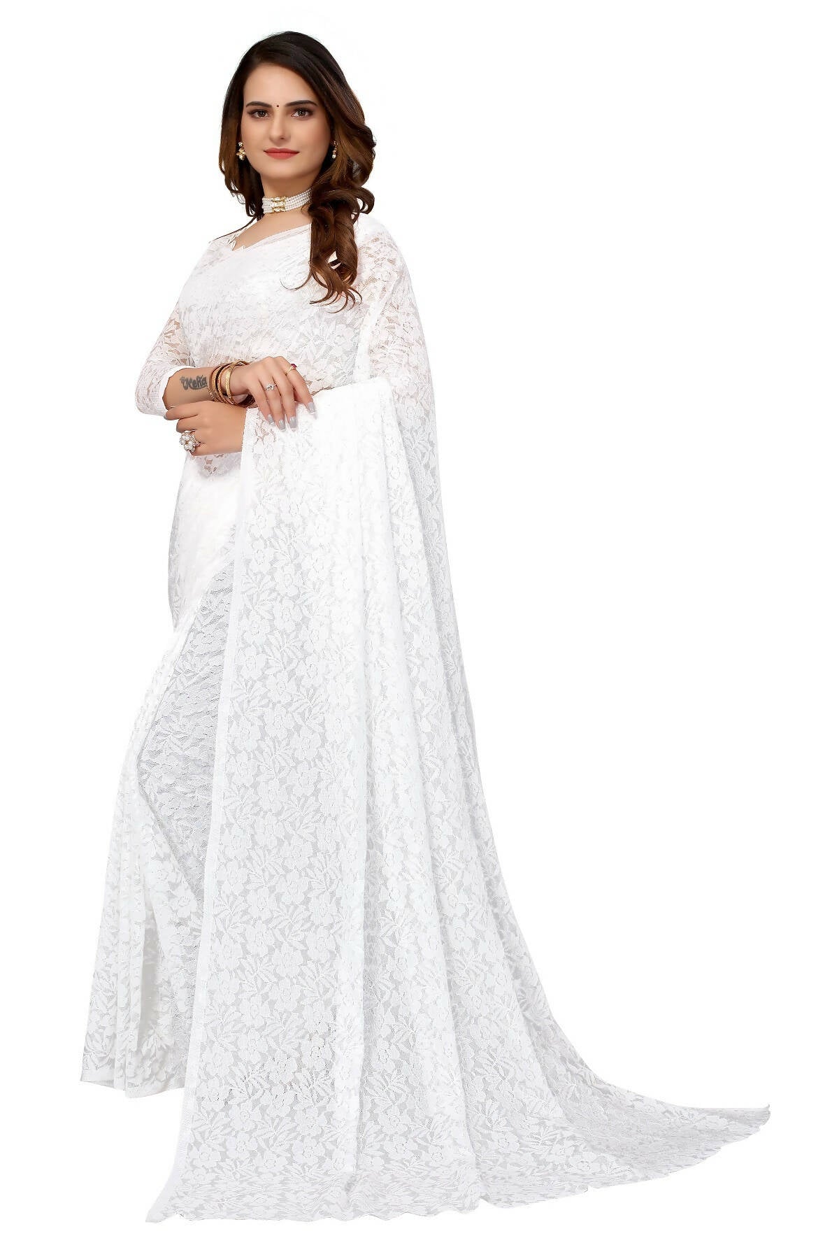 Vamika White Pearls Net Saree