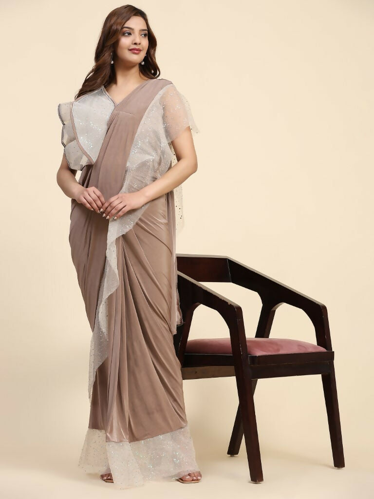 Light Brown Lycra Solid Ready to Wear Saree with stitched Blouse - Nita