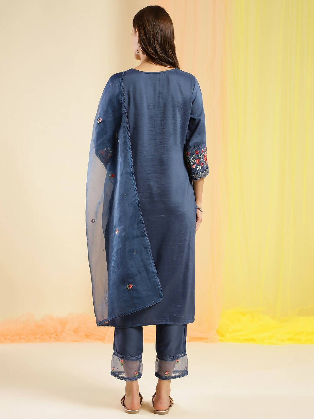 Navy Blue Chinon Embroidered Straight Kurta with Trouser & Dupatta - Salimar