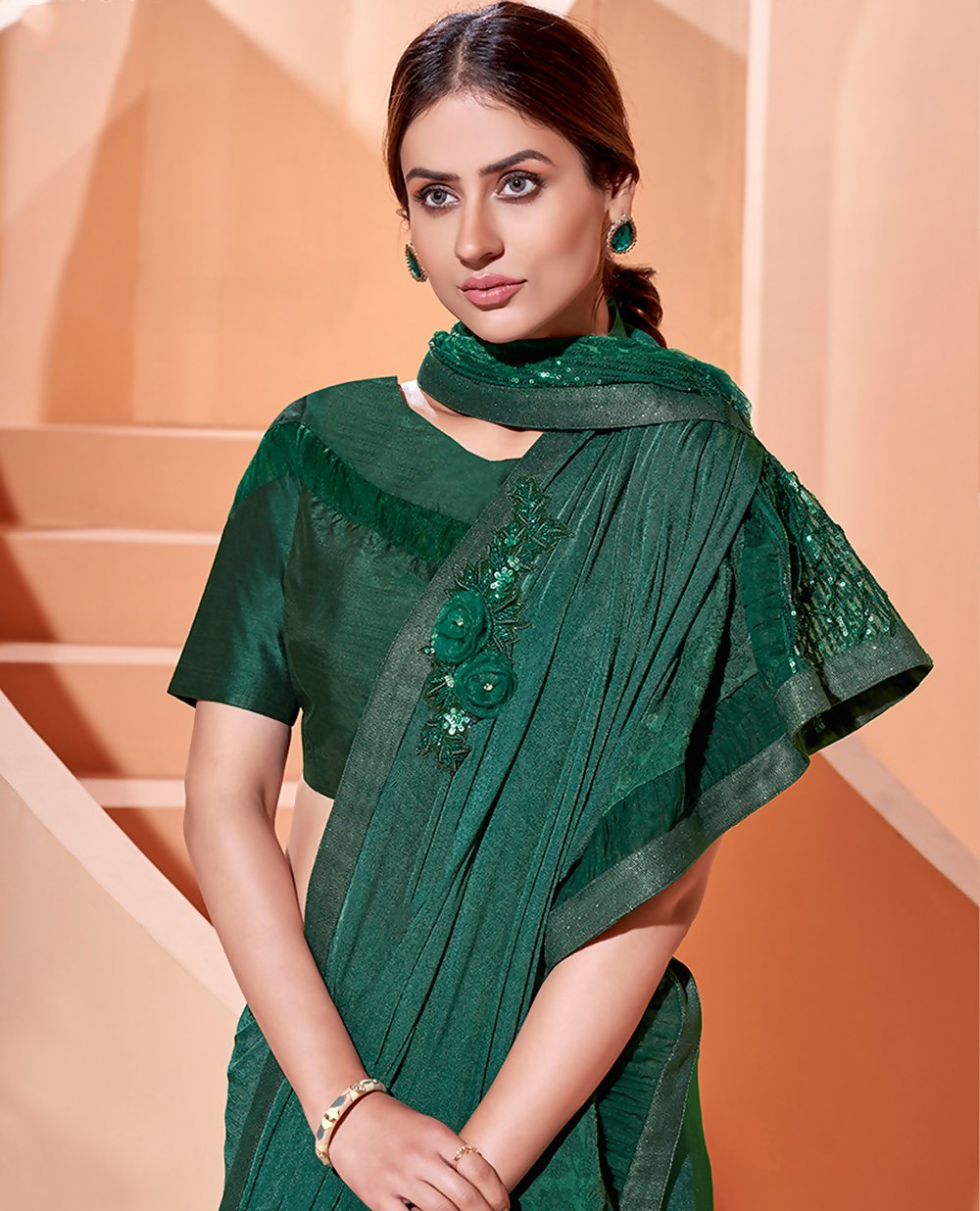 Green Lycraflock Work, Seuqins Embroidery, Handwork Shoulder Butta Saree - Norita Hit