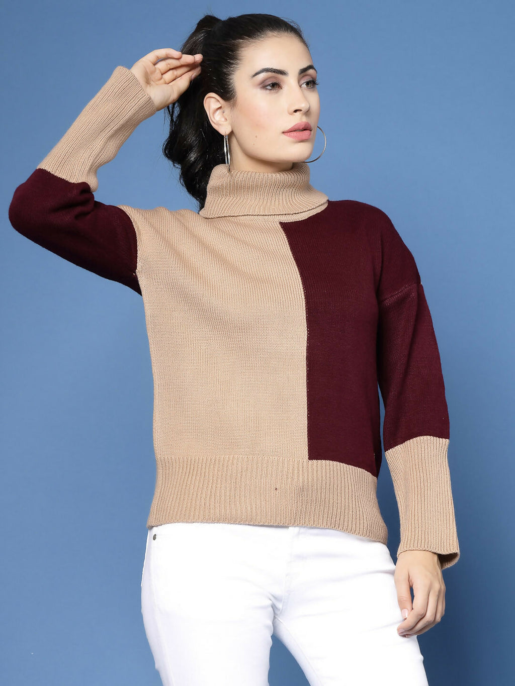 Women Winter Camel Brown Acrylic Sweater - Wool Trees