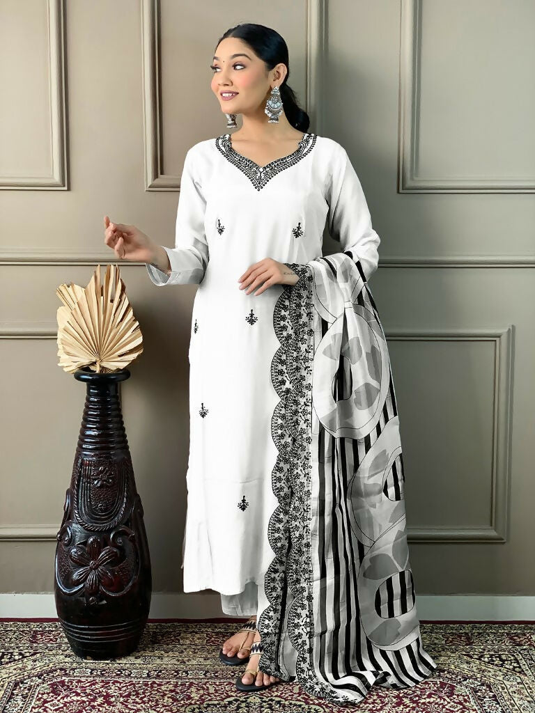 White Viscose chanderi Stitched Suit With Dupatta - Tanisha