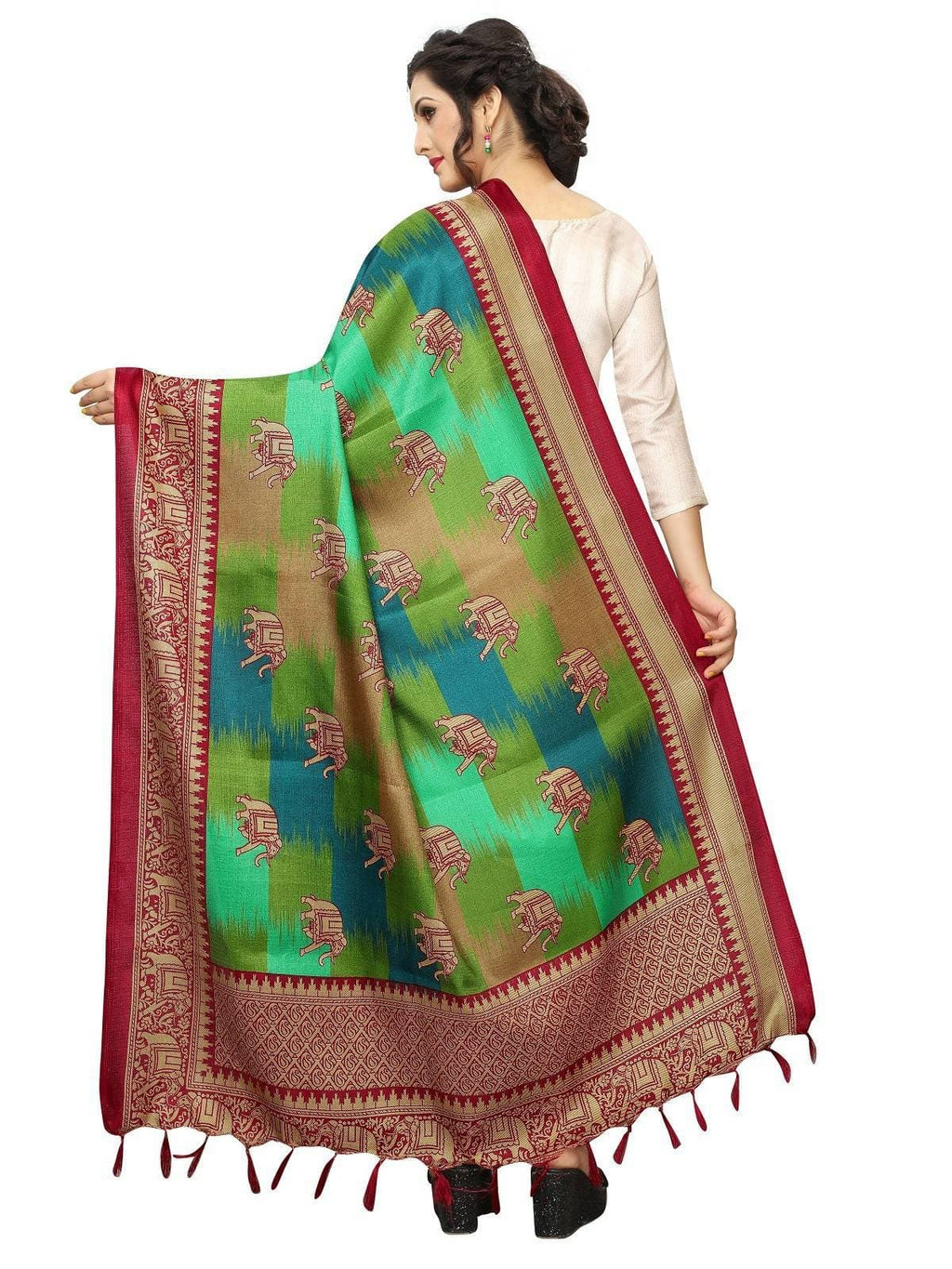 Vamika Red and Peacock Green Printed Khadi Bhagalpuri Dupatta