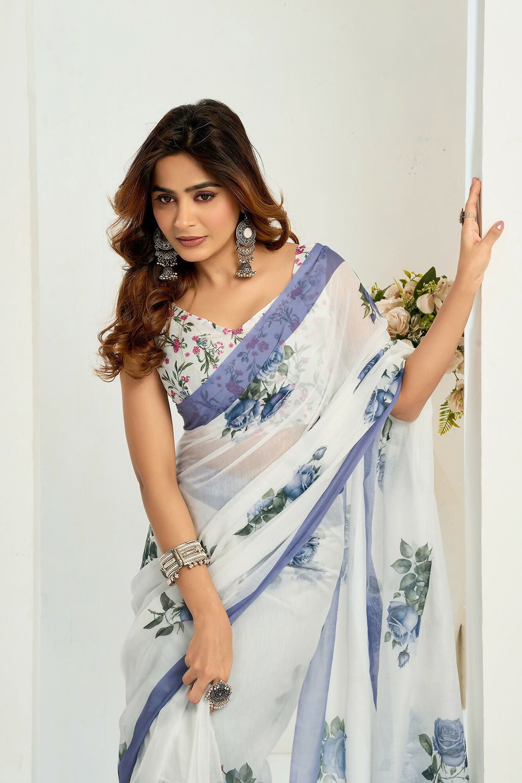 Vastranavya Blue Digital Printed Linen Ready To Wear Designer Saree with Unstitched Blouse