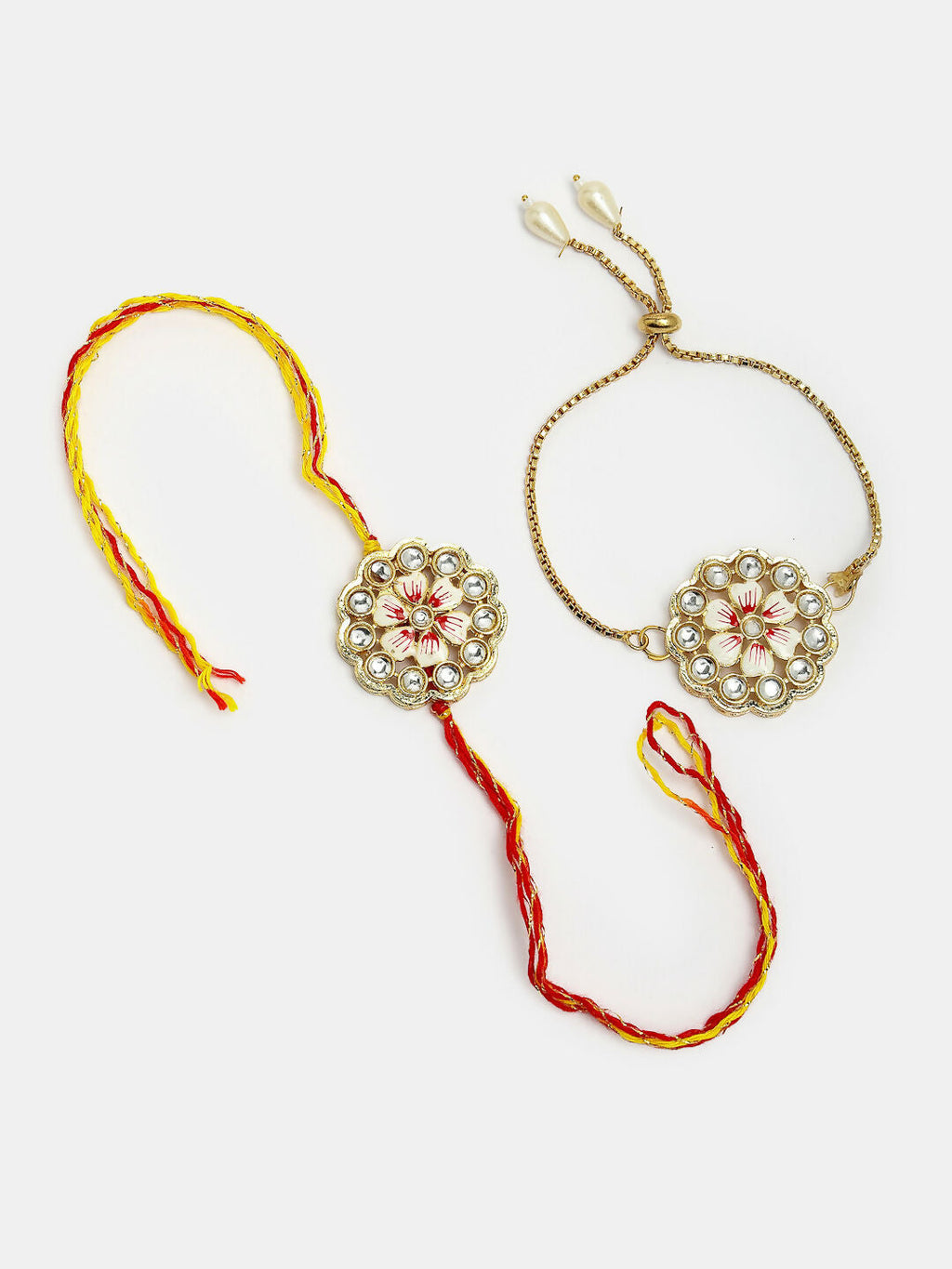 NVR Women & Men Set of 2 Gold Kundan-Studded Bhaiya Bhabhi Rakhi Set With Roli Chawal