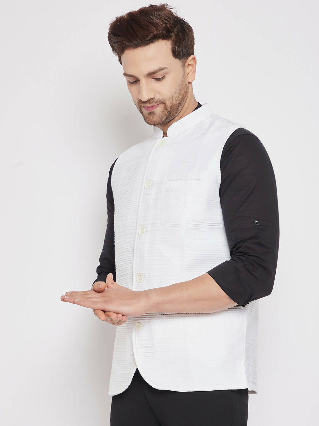 Even Apparels White Cotton Men Woven Nehru Jacket
