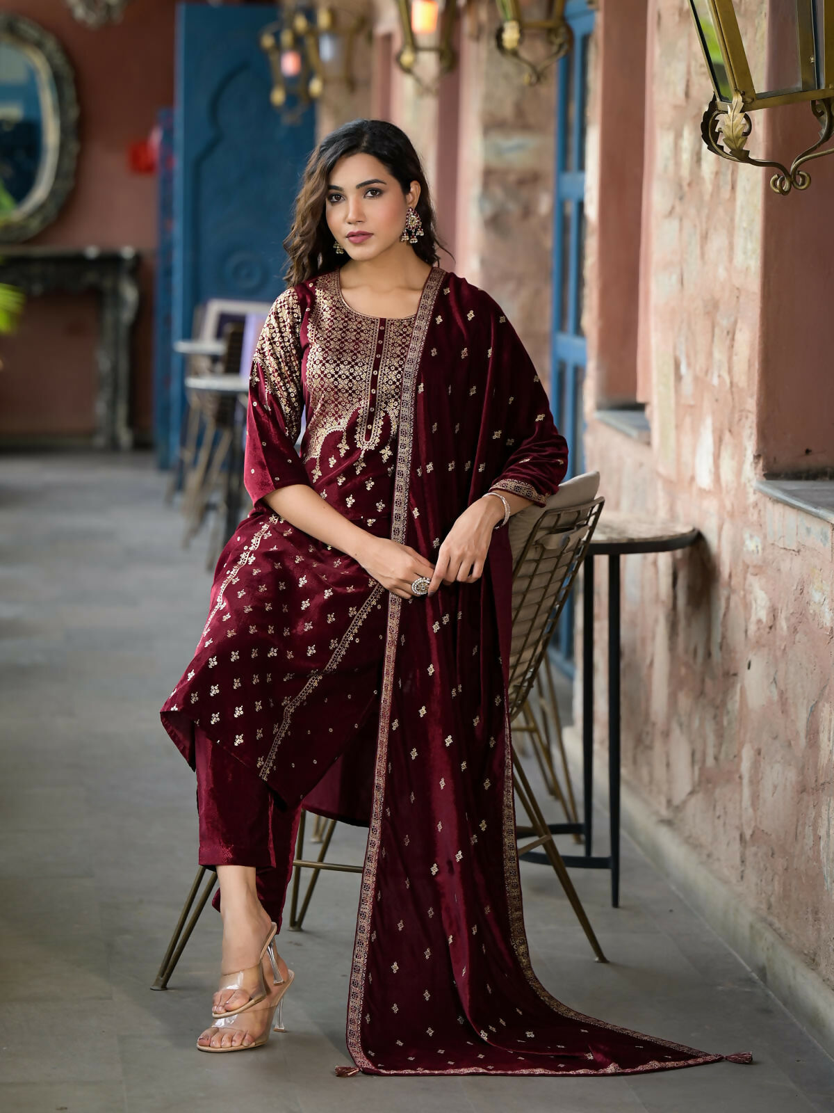Juniper Women's Maroon Ethnic Motif Printed Velvet Kurta Set With Tassels