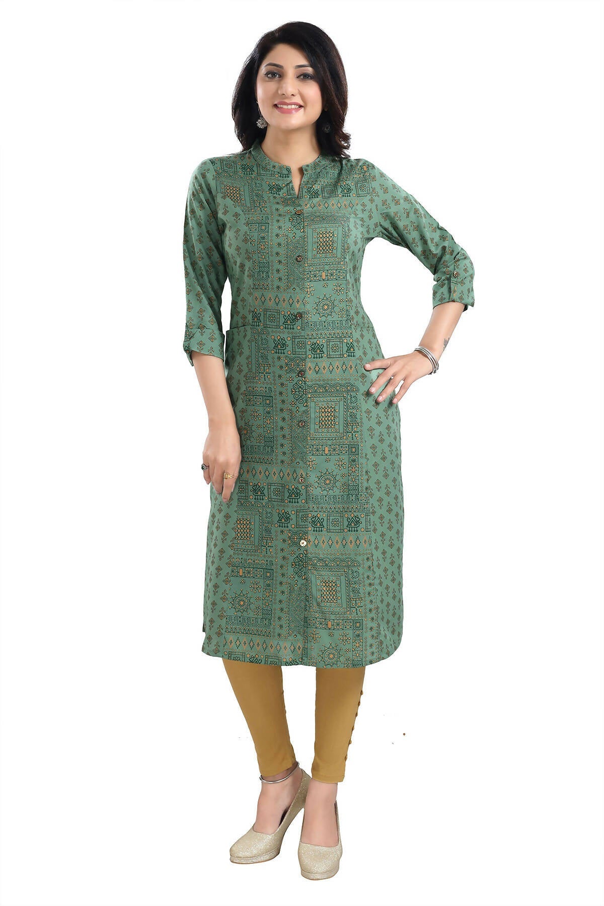 Snehal Creations Pleasing Pista Green Rayon Print Long Kurta For Women