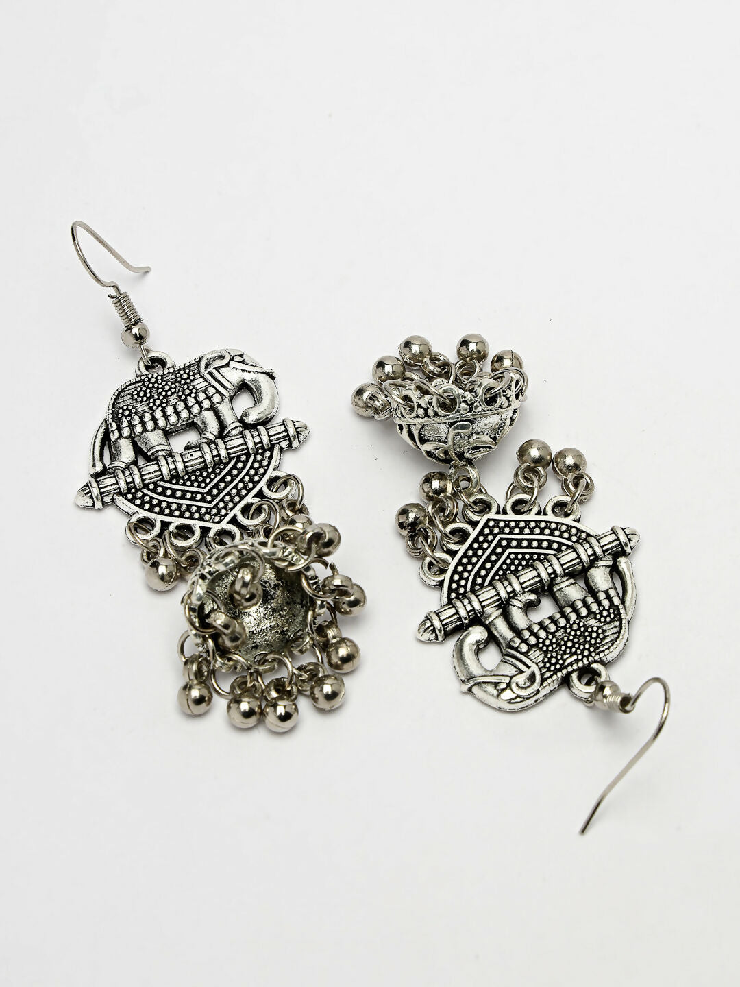 NVR Women's Silver-Toned Elephant Design German Silver Oxidised Dome Shaped Jhumka Earrings