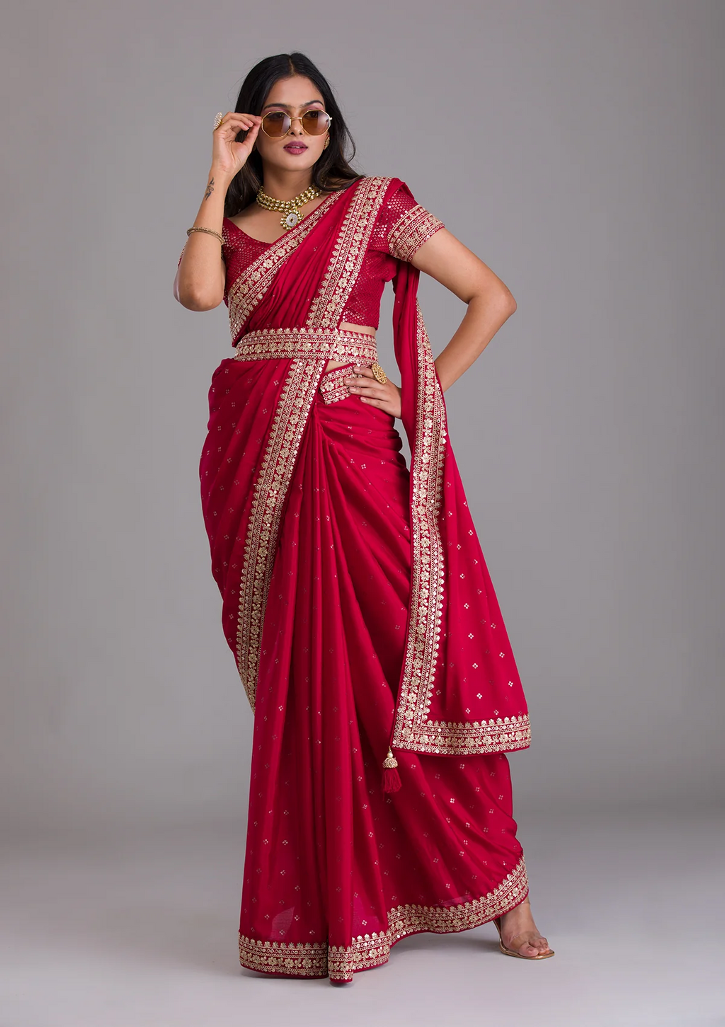 Teeya Creation Red Color Chinnon Silk Heavy Embroidery Work Saree
