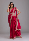 Teeya Creation Red Color Chinnon Silk Heavy Embroidery Work Saree