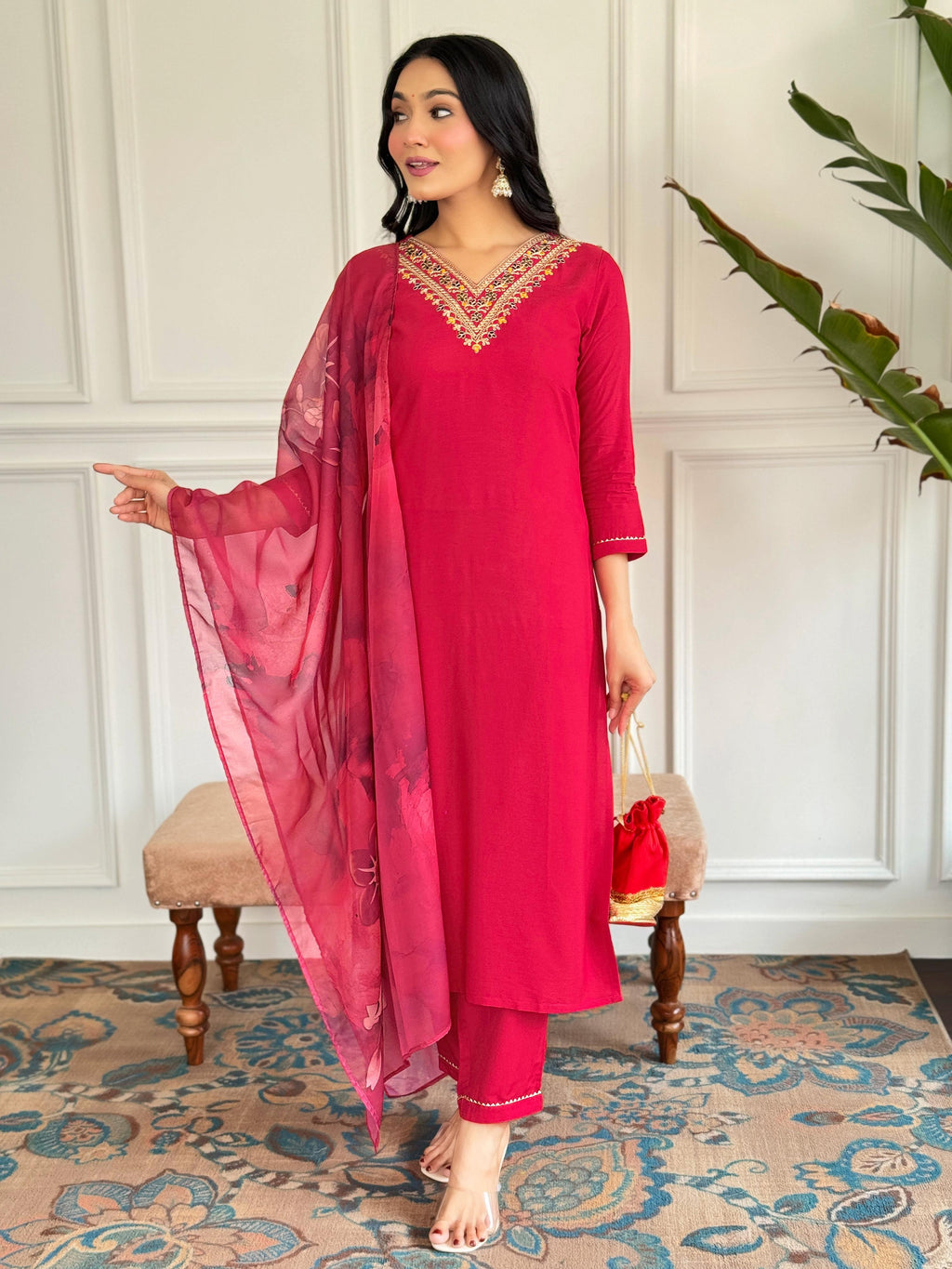 The52 Floral Rayon Fabric Straight Kurta, Pant and Dupatta Set