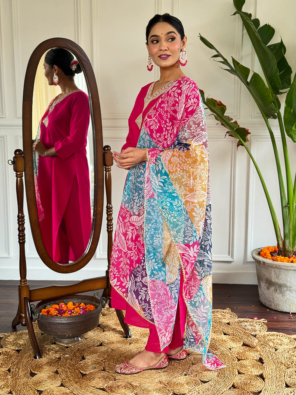 The52 Floral Chanderi Silk Fabric Straight Kurta, Pant and Dupatta Set