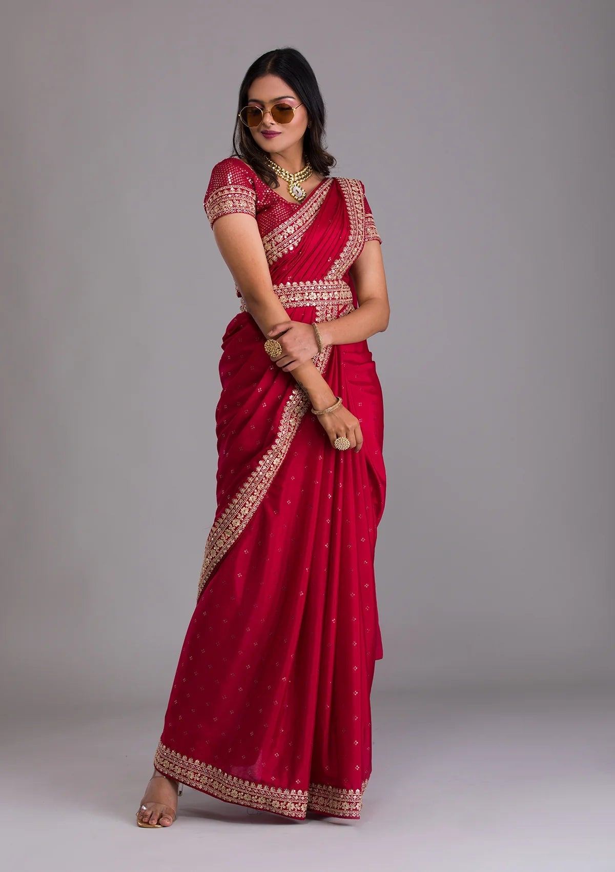 Teeya Creation Red Color Chinnon Silk Heavy Embroidery Work Saree