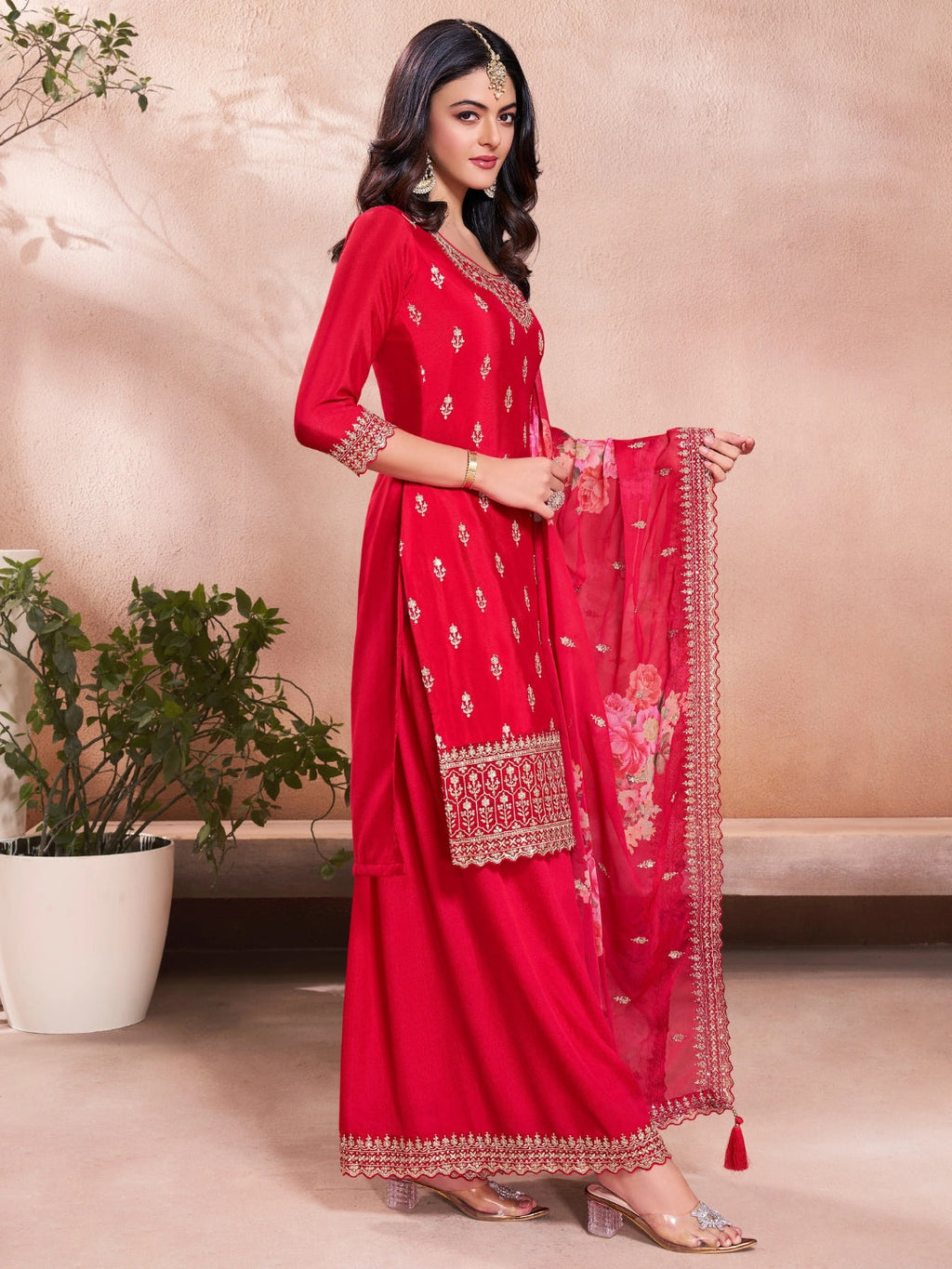 The52 Women's Gorgeous Embroidery Vichitra Silk Fabric Straight Kurta, Sharara and Dupatta Set